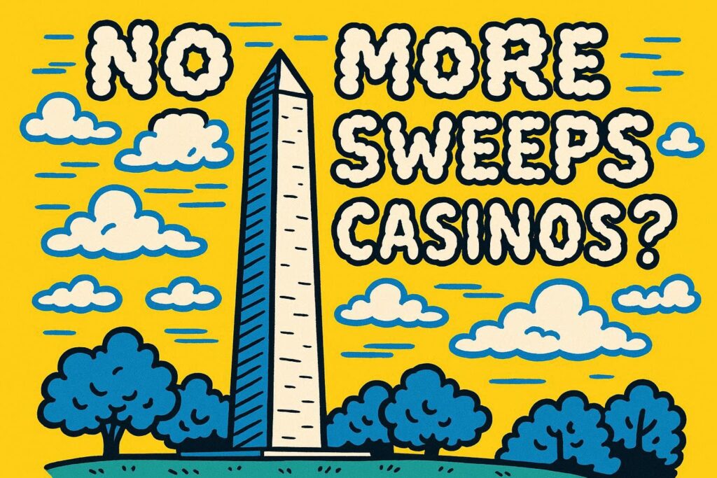 A cartoon representation of the Washington monument in Washington, DC with clouds in the shape of the words NO MORE SWEEPS CASINOS? next to it using a vibrant yellow, blue, and white color scheme.