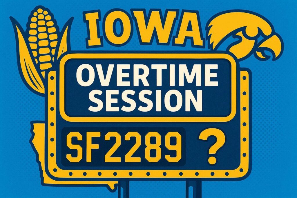 A cartoon representation of a scoreboard that says OVERTIME SESSION with a question mark next to a section on the scoreboard that says SF2289 and there are symbols of Iowa in the background behind the scoreboard using a vibrant blue, yellow, and white color scheme.