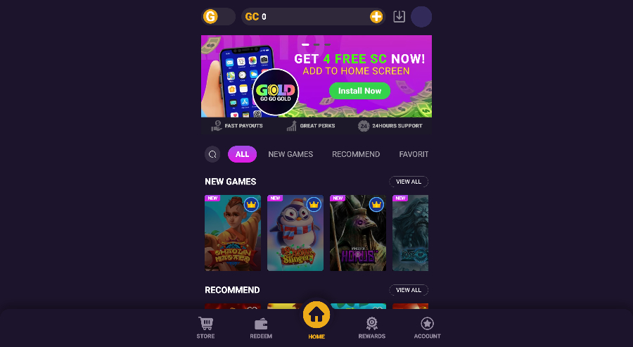 Go Go Gold homescreen may