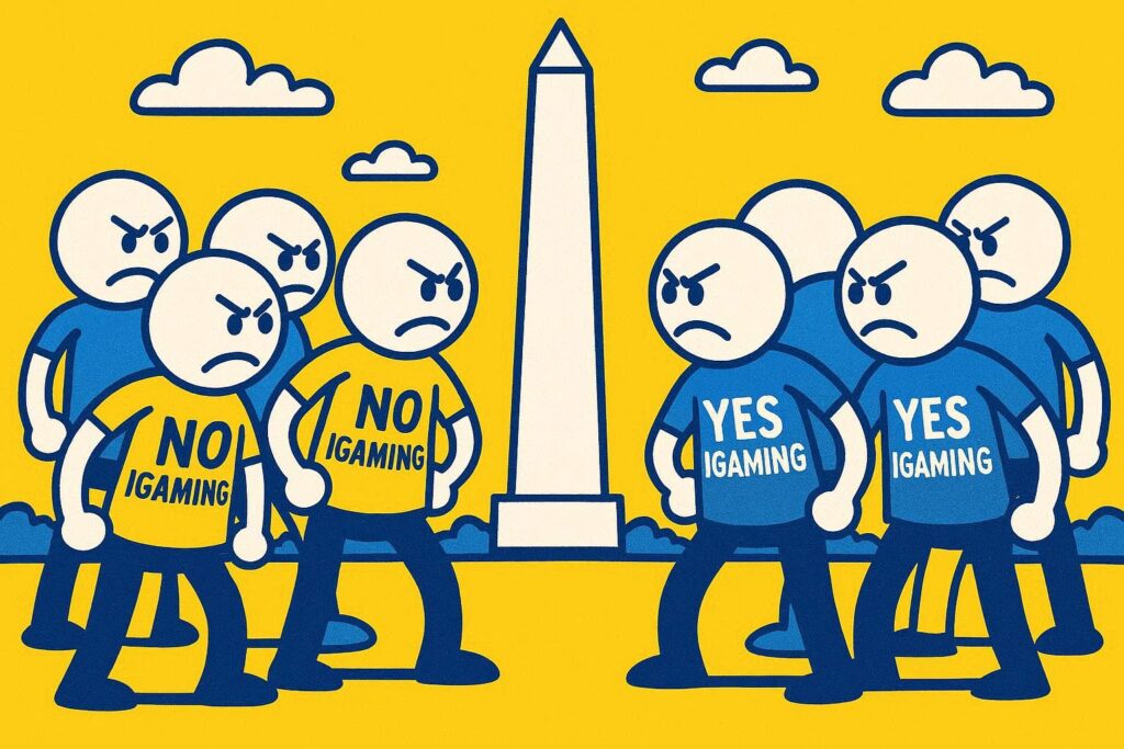 A cartoon representation of a group of stick figures wearing NO iGAMING looking angrily at a group of stick figures wearing YES iGAMING shirts look angrily back at them, and they're all standing in front of the Washington monument, using a vibrant yellow, blue, and white color scheme.