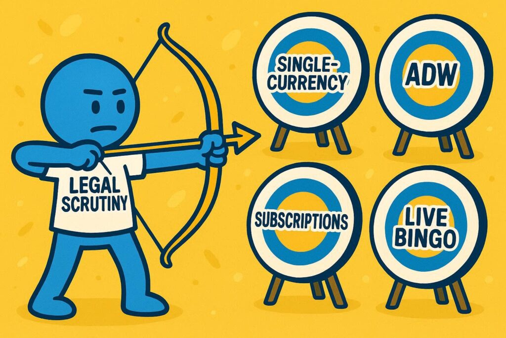 A cartoon representation of a neutral-faced blue stick figure wearing a LEGAL SCRUTINY shirt ready to shoot his bow and arrow at one of four targets, which say SINGLE-CURRENCY, SUBSCRIPTIONS, ADW, and LIVE BINGO on them, using a vibrant blue, yellow, and white color scheme.