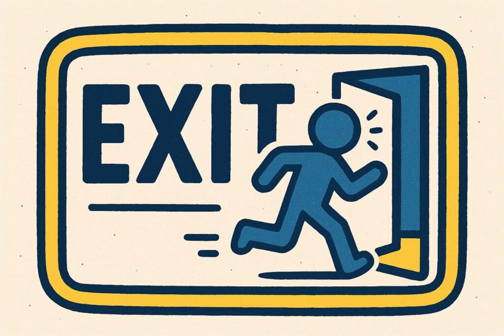 A cartoon representation of an exit sign using a yellow, blue, and white color scheme.
