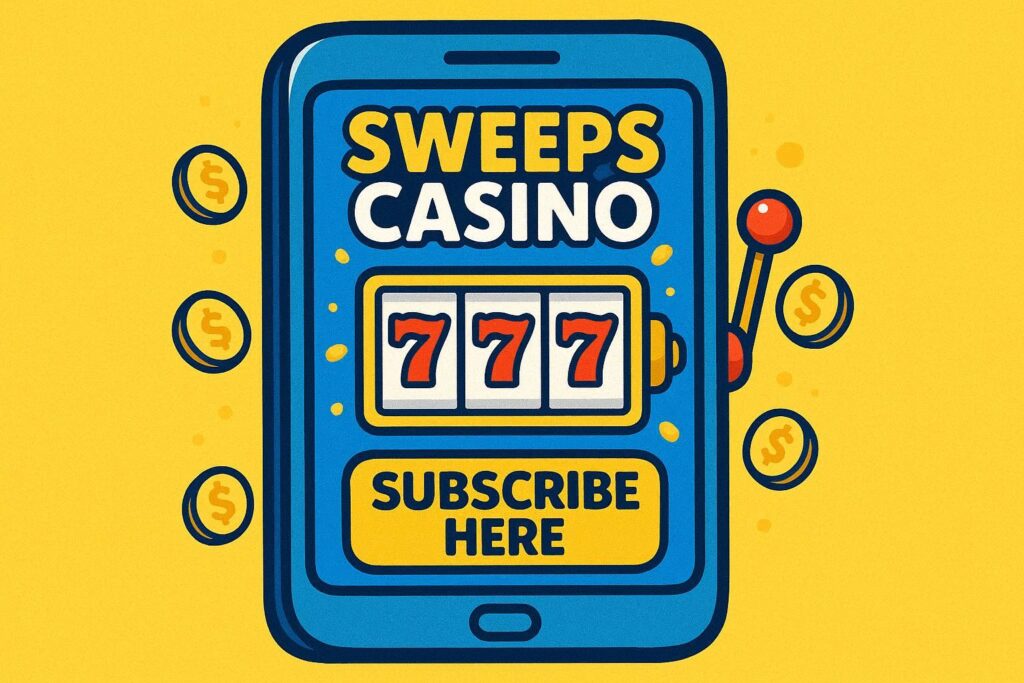 A cartoon representation of a smartphone with a sweeps casino app open, and at the bottom of the screen is a button that says SUBSCRIBE HERE using a vibrant blue, yellow, and white color scheme.