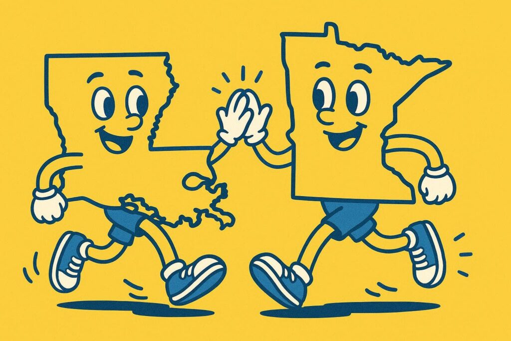A cartoon representation of personalized state outlines of Louisiana and Minnesota highlighting while going for a jog together using a yellow, blue, and white color scheme.
