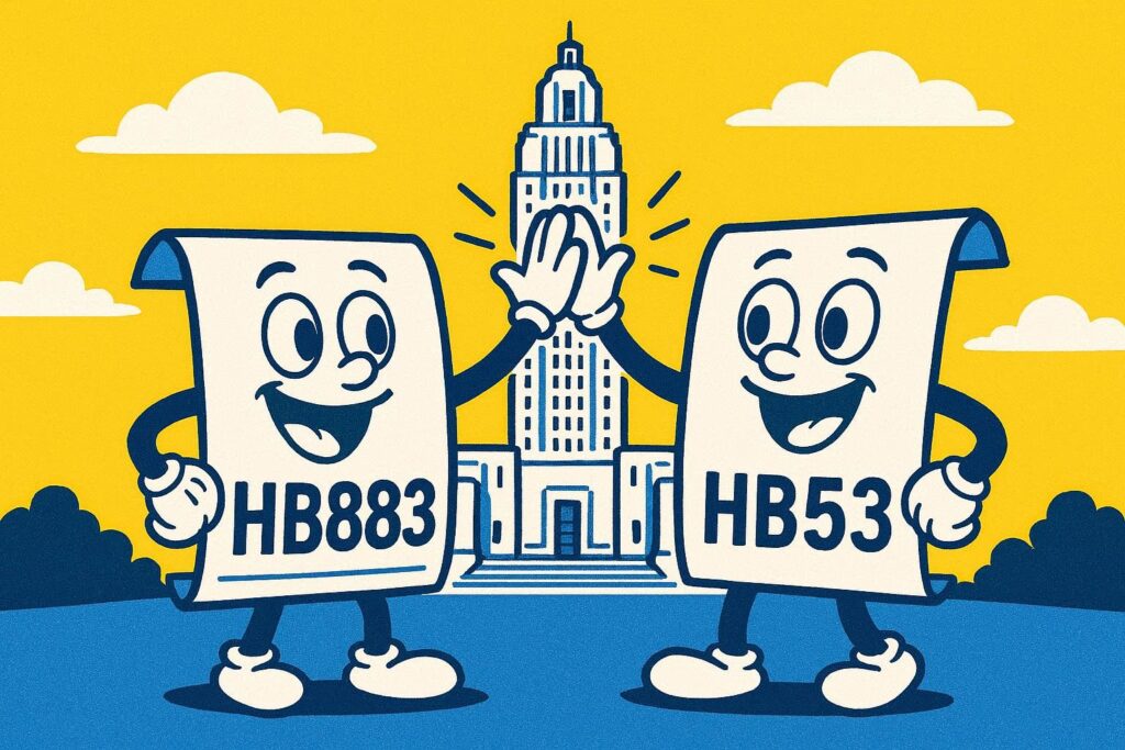 A cartoon representation of two personified legislative bills — one called HB883 and one called HB53 — high fiving each other while standing in front of the Louisiana capitol building using a vibrant yellow, blue, and white color scheme.