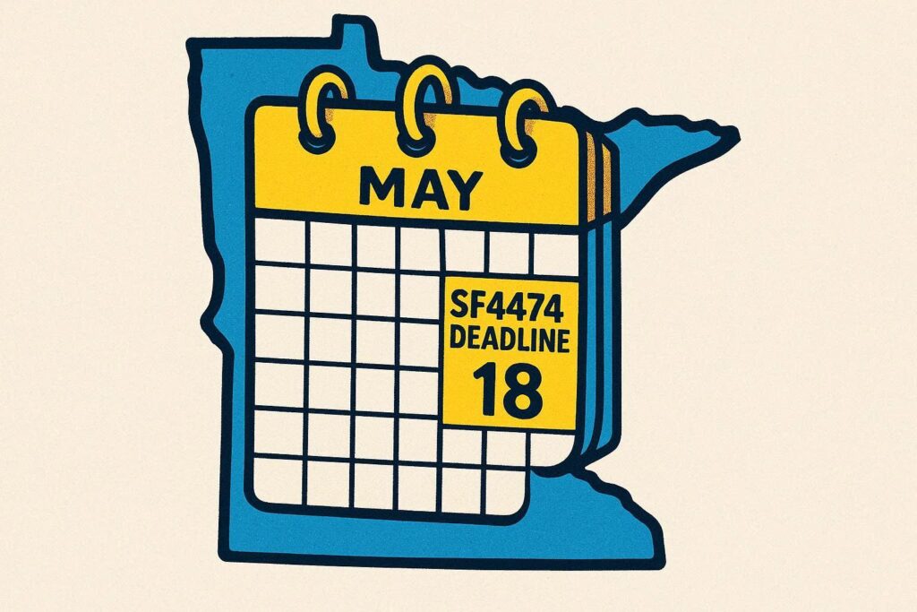 A cartoon representation of a Minnesota-shaped calendar that has May 18 highlighted as the SF4474 deadline using a vibrant blue, yellow, and white color scheme.