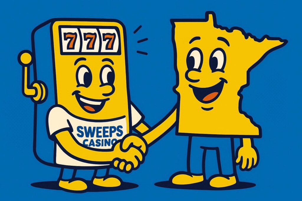 A cartoon representation of personified smiling slot machine wearing a SWEEPS CASINO shirt shaking hands with a smiling personified Minnesota state outline using a vibrant blue, yellow, and white color scheme.