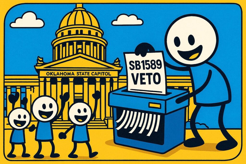A cartoon representation of stick figures in the Oklahoma state capitol celebrating as one of them puts a document titled SB1589 VETO through a paper shredder using a vibrant blue, yellow, and white color scheme.