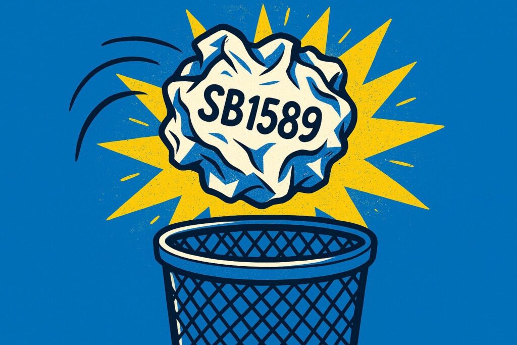 A cartoon representation of a crumpled up piece of paper with SB1589 on it in the middle of the air being thrown into a trash can using a vibrant blue, yellow, and white color scheme.