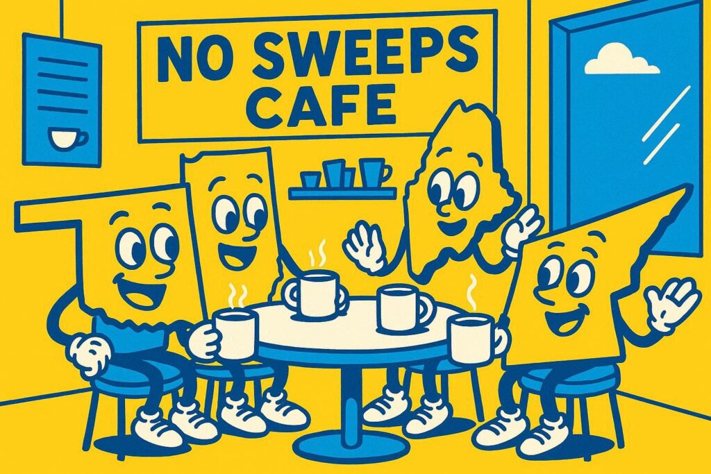 A cartoon representation of a personified state outline of Oklahoma at a coffee shop hanging out with personified state outlines of Indiana, Maine, and Tennessee, and the coffee shop is called NO SWEEPS CAFE, using a vibrant yellow, blue, and white color scheme.