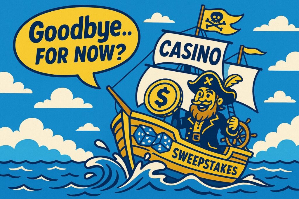 A cartoon representation of a sweepstakes casino-themed pirate ship sailing away with a sign that says GOODBYE ... FOR NOW? using a vibrant blue, yellow, and white color scheme.