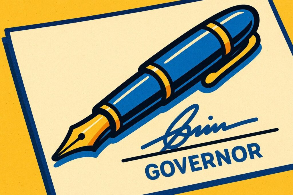 A cartoon representation of a fancy pen lying on a paper where it was just used to write a signature on a line designed for a governor to sign using a vibrant blue, yellow, and white color scheme.