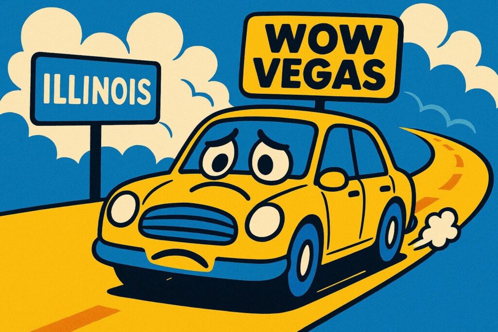 A cartoon representation of a sad car that says WOW VEGAS clearly driving away from Illinois using a vibrant yellow, blue, and white color scheme.