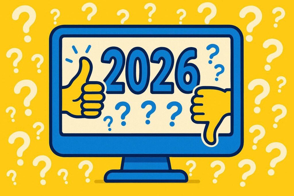 A cartoon representation of a computer screen with 2026 in the middle and a thumbs up emoji on its left and a thumbs down emoji on the right and then question marks all around using a vibrant yellow, blue, and white color scheme.