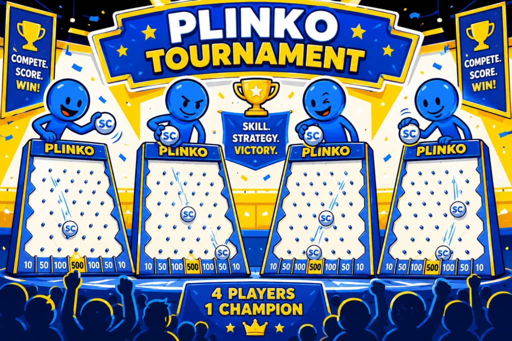 A cartoon representation of four blue stick figures playing their own games of plinko with balls that say SC on them in what is clearly a tournament setting using a vibrant yellow, blue, and white color scheme.