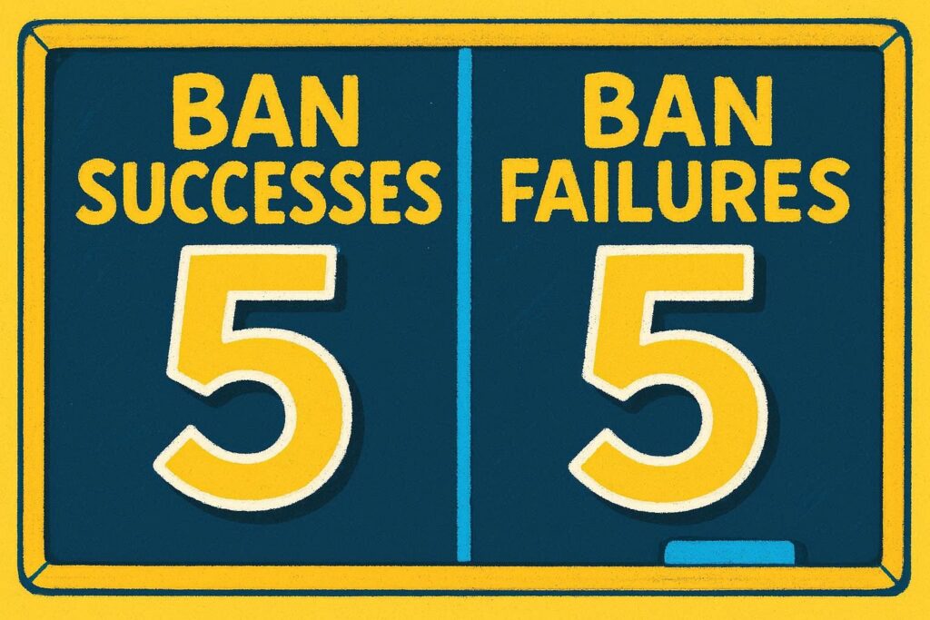 A cartoon representation of a chalkboard where the BAN SUCCESSES and BAN FAILURES sides both have the number 5 using a vibrant yellow, blue, and white color scheme.