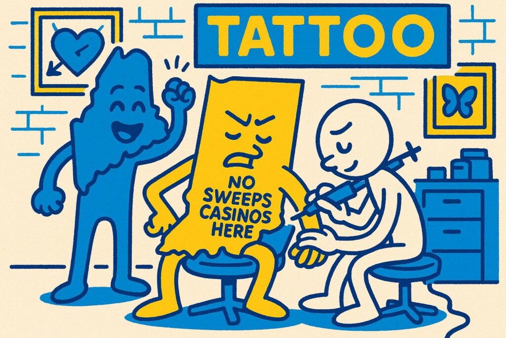 A cartoon representation of a personified outline of Indiana in a tattoo parlor getting a tattoo that says NO SWEEPS CASINOS HERE from a stick figure tattoo artist while its friend, a personified outline of Maine, cheers it on using a vibrant blue, yellow, and white color scheme.
