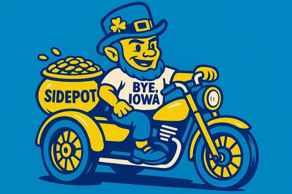 A cartoon representation a leprechaun wearing a shirt that says BYE, IOWA while riding motorcycle and in the sidecar is a pot of gold that says SIDEPOT on it using a vibrant blue, yellow, and white color scheme.