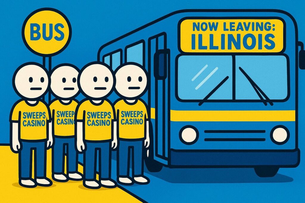 A cartoon representation of a line of neutral-faced stick figures wearing SWEEPS CASINO shirts waiting in line for a bus that says NOW LEAVING: ILLINOIS on it using a vibrant blue, yellow, and white color scheme.