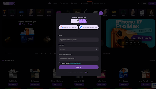 BigBux sign up form