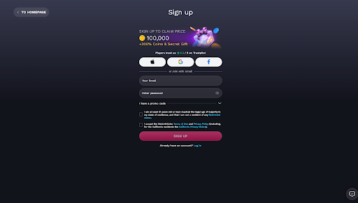 NoLimitCoins sign up form