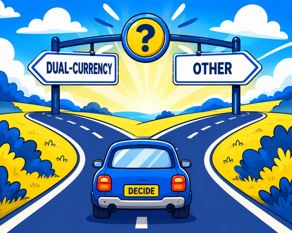 A cartoon representation of a fork in the road with a sign over one path saying DUAL-CURRENCY and the sign over the other saying OTHER and a car waiting to decide which path to take using a vibrant blue, yellow, and white color scheme.