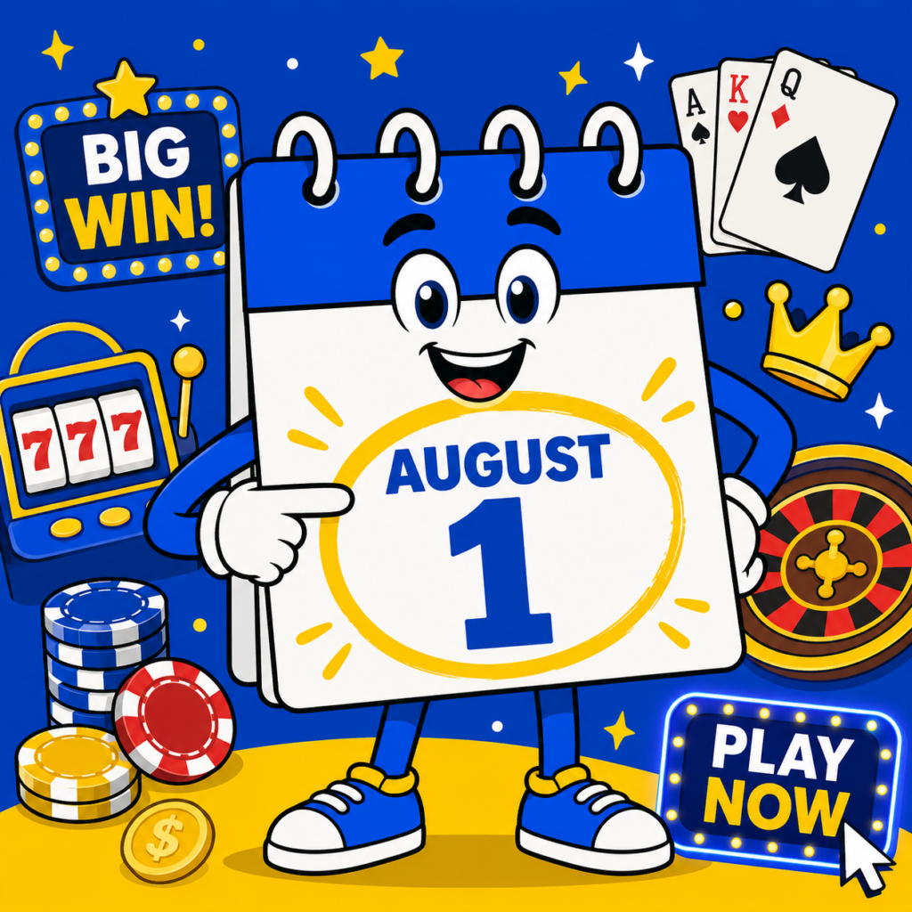 A cartoon representation of a personified calendar surrounded by online casino imagery pointing to a big circled date of AUGUST 1 painted on its chest using a vibrant blue, yellow, and white color scheme.