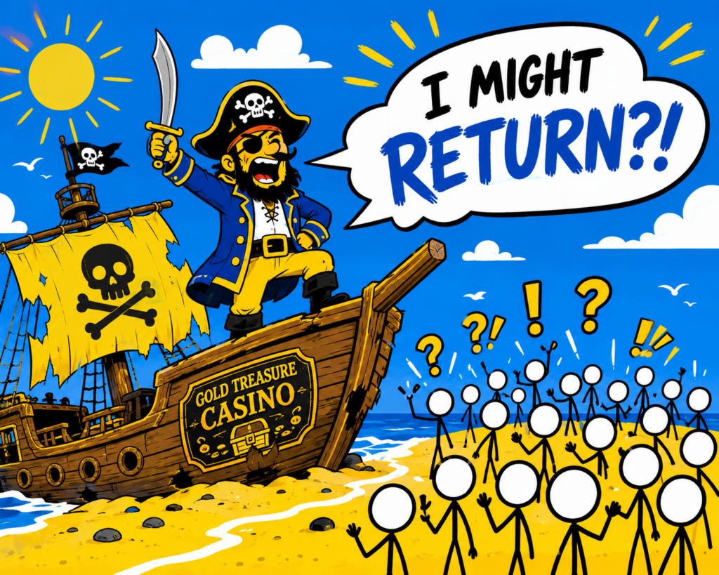 A cartoon representation of a pirate standing proudly on a beached pirate ship shouting I MIGHT RETURN?! to a waiting crowd of stick figures using a vibrant yellow, blue, and white color scheme.