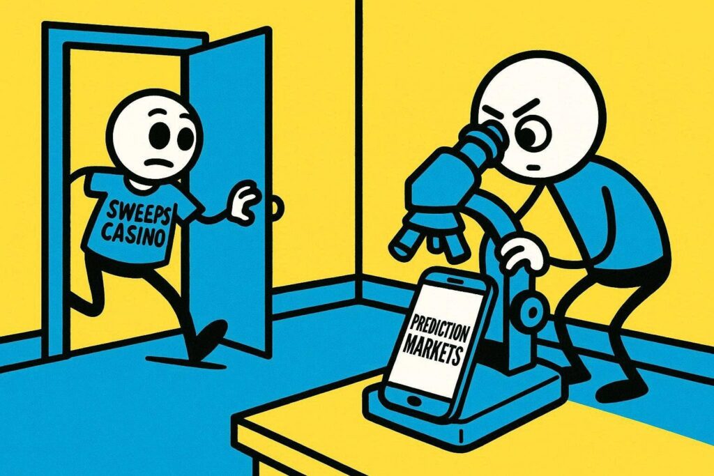 A cartoon representation of a stick figure wearing a SWEEPS CASINO shirt trying to sneak out of a room while another stick figure looks intently through a microscope at a smartphone that says PREDICTION MARKETS using a vibrant yellow, blue, and white color scheme.