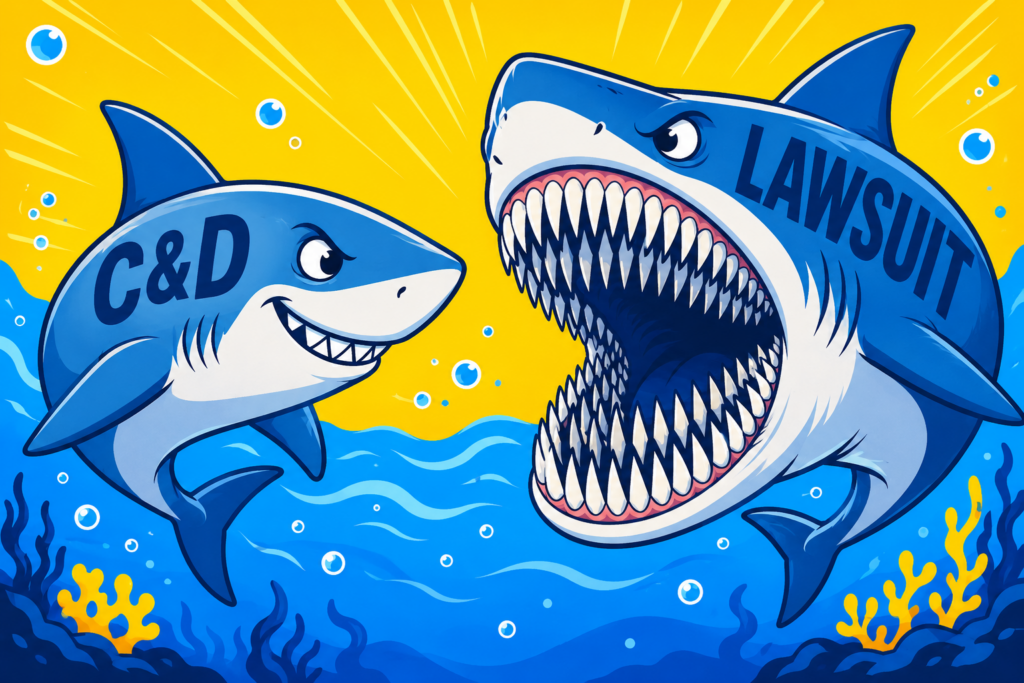 A cartoon representation of a shark with C&D written on it with a normal amount of teeth next to a shark with LAWSUIT written on it with an unusually large volume of teeth using a vibrant yellow, blue, and white color scheme.