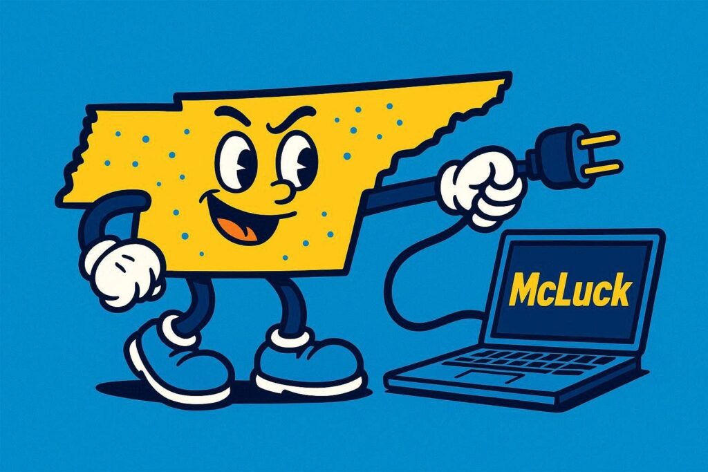 A cartoon representation of a personified state outline of Tennessee about to pull the power plug for a laptop computer that says MCLUCK on it using a vibrant blue, yellow, and white color scheme.