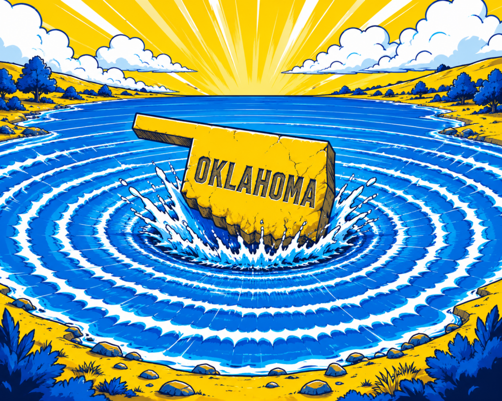 A cartoon representation of an Oklahoma-shaped stone landing in water and sending shockwaves all around it to the shore using a vibrant yellow, blue, and white color scheme.