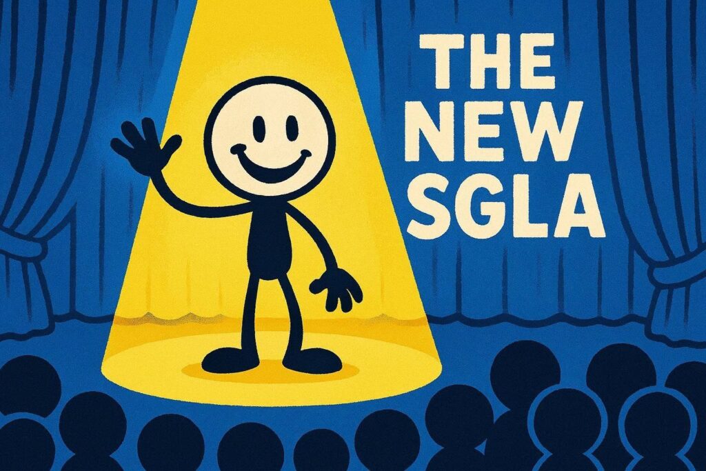 A cartoon representation of a smiling stick figure waving to a crowd while standing in the spotlight on a stage with the phrase THE NEW SGLA on the curtain behind him using a vibrant blue, yellow, and white color scheme.
