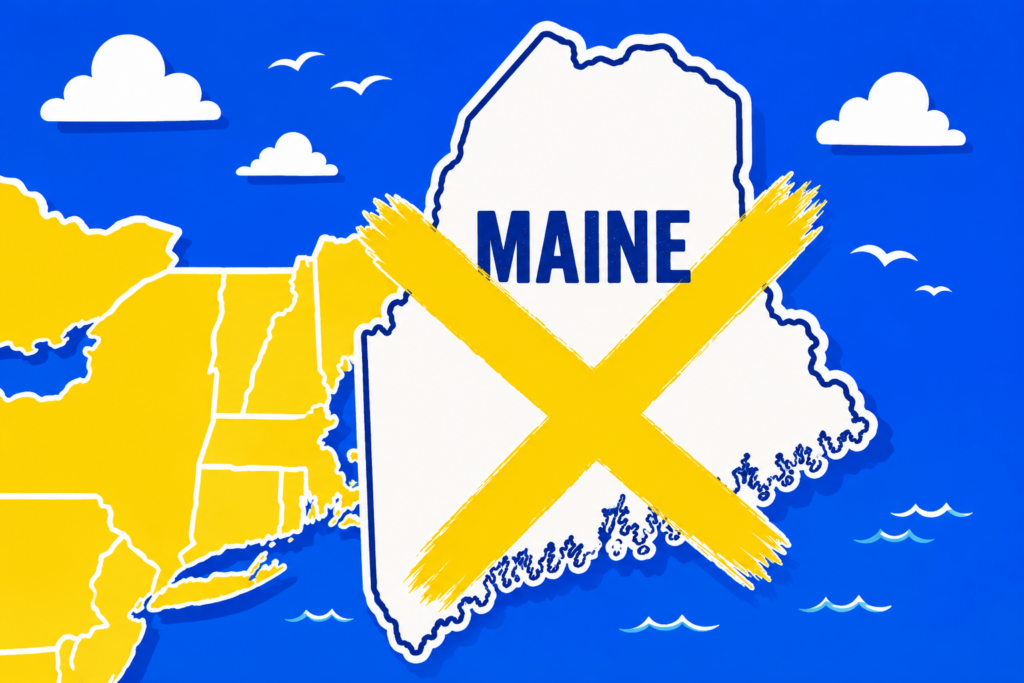 A cartoon representation of an X drawn through Maine on a map using a vibrant blue, yellow, and white color scheme.