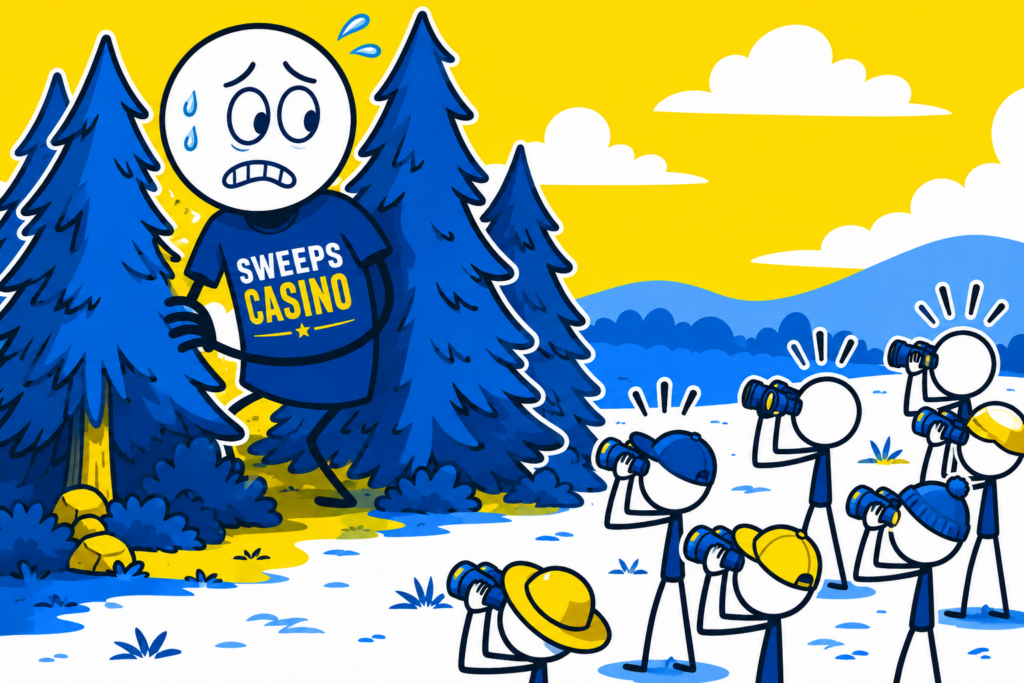 A cartoon representation of a nervous stick figure giant wearing a SWEEPS CASINO shirt trying to hide behind trees as people look at it through binoculars using a vibrant yellow, blue, and white color scheme.