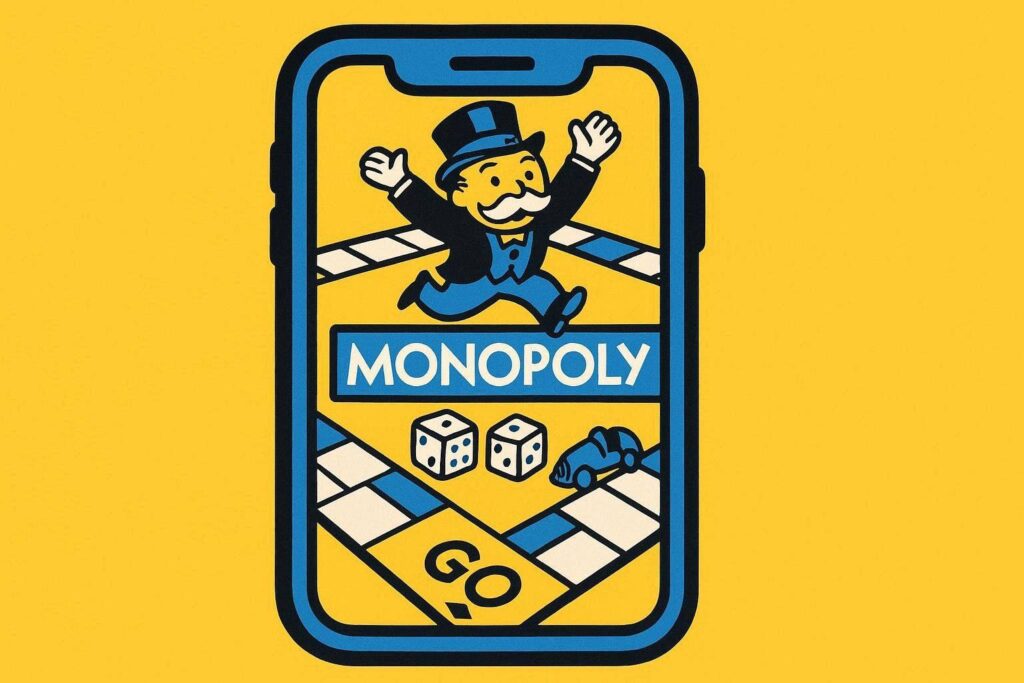 A cartoon representation of a smartphone showing a Monopoly game on its screen using a vibrant yellow, blue, and white color scheme.