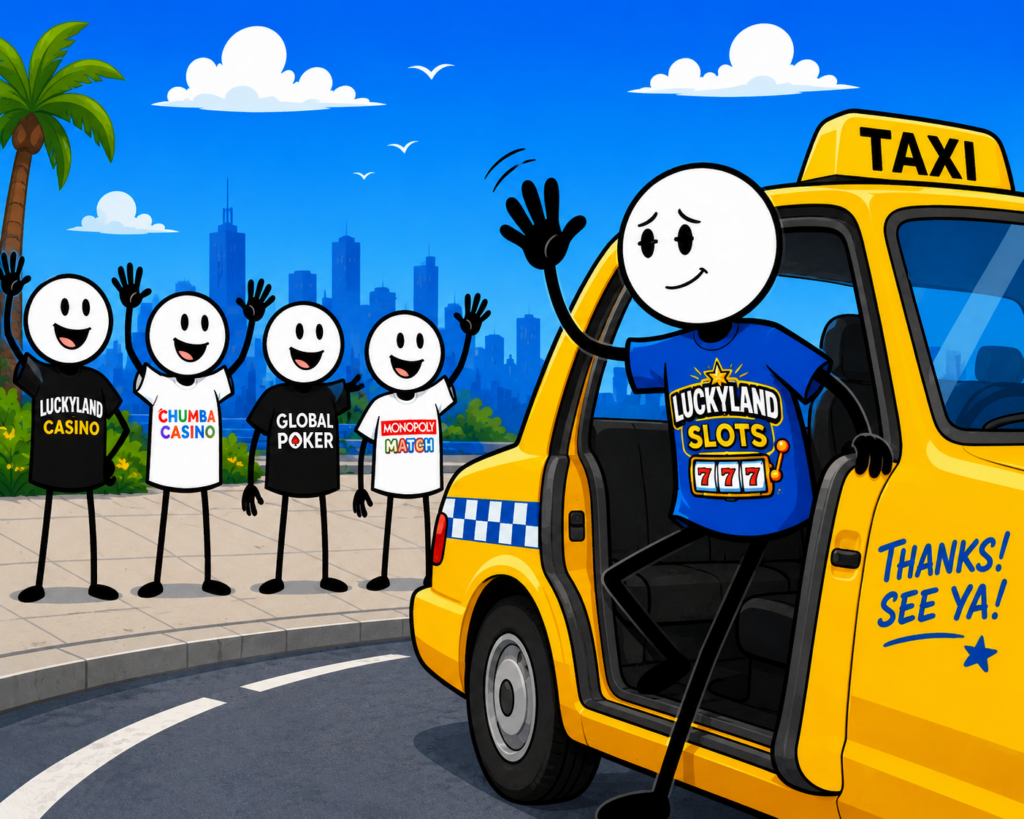 A cartoon representation of a nostalgic stick figure wearing a LUCKYLAND SLOTS shirt getting into a taxi and waving goodbye to four other stick figures wearing LUCKYLAND CASINO, CHUMBA CASINO, GLOBAL POKER, and MONOPOLY MATCH shirts using a vibrant blue, yellow, and white color scheme.