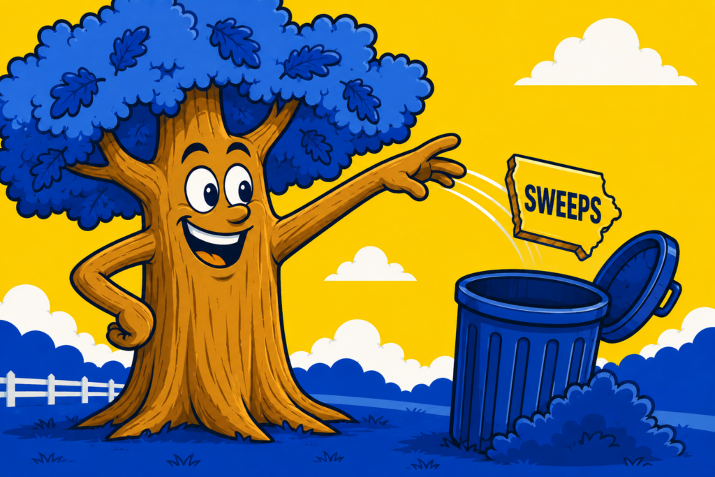 A cartoon representation of a personified oak tree throwing an Iowa-shaped coin that says SWEEPS on it into a trash can behind the tree using a vibrant yellow, blue, and white color scheme