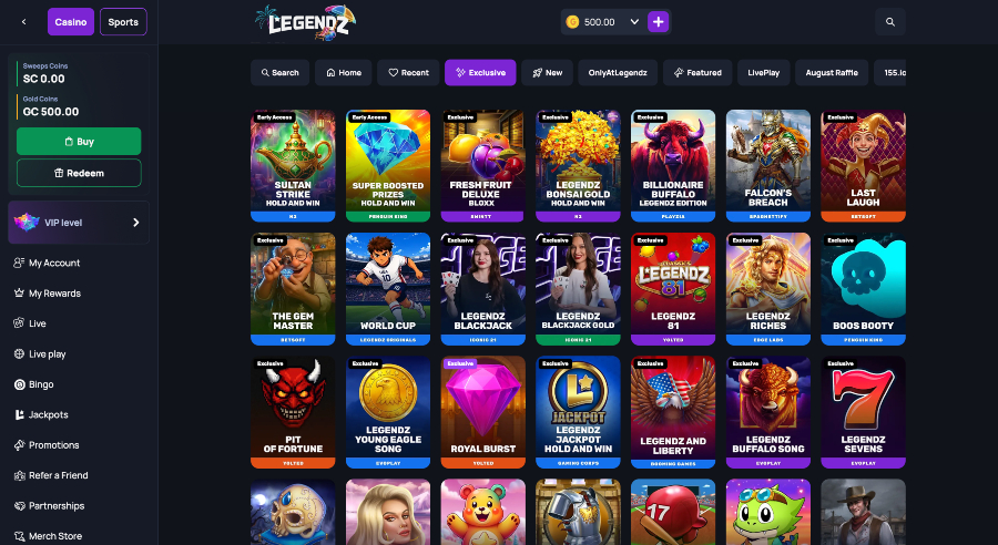 Legendz Casino exclusive games