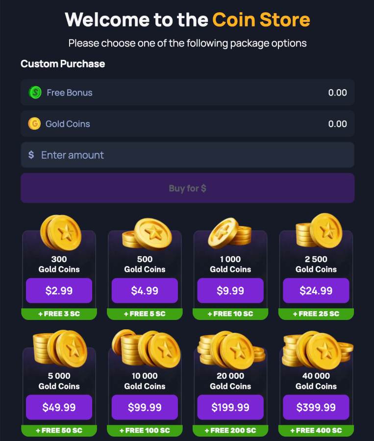 Legendz Casino purchase packages