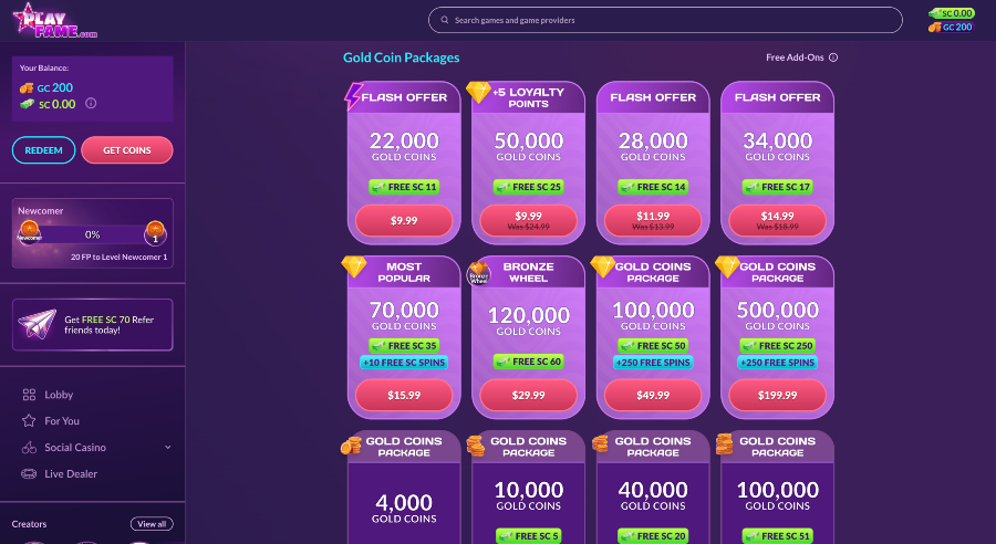 Playfame Casino purchase packages