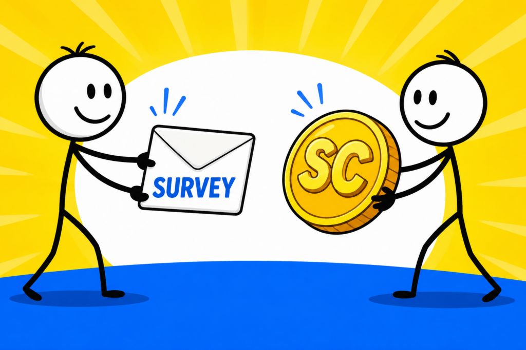 A cartoon representation of a stick figure handing another stick figure a sealed envelope that says SURVEY on it and the other stick figure is handing them a giant coin that says SC on it using a vibrant yellow, blue, and white color scheme