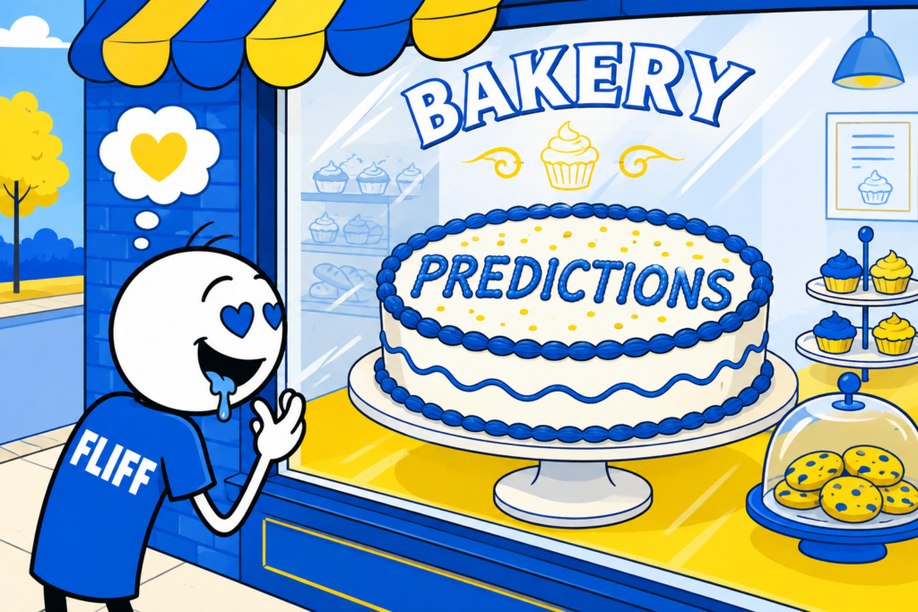 A cartoon representation of a stick figure wearing a FLIFF shirt salivating while looking at a cake through a bakery shop window that has PREDICTIONS written on it in icing using a vibrant yellow, blue, and white color scheme