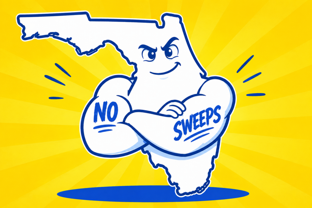 A cartoon representation of a personified outline of Florida folding its arms with one arm having NO tattooed on it and SWEEPS tattooed on the other using a vibrant yellow, blue, and white color scheme