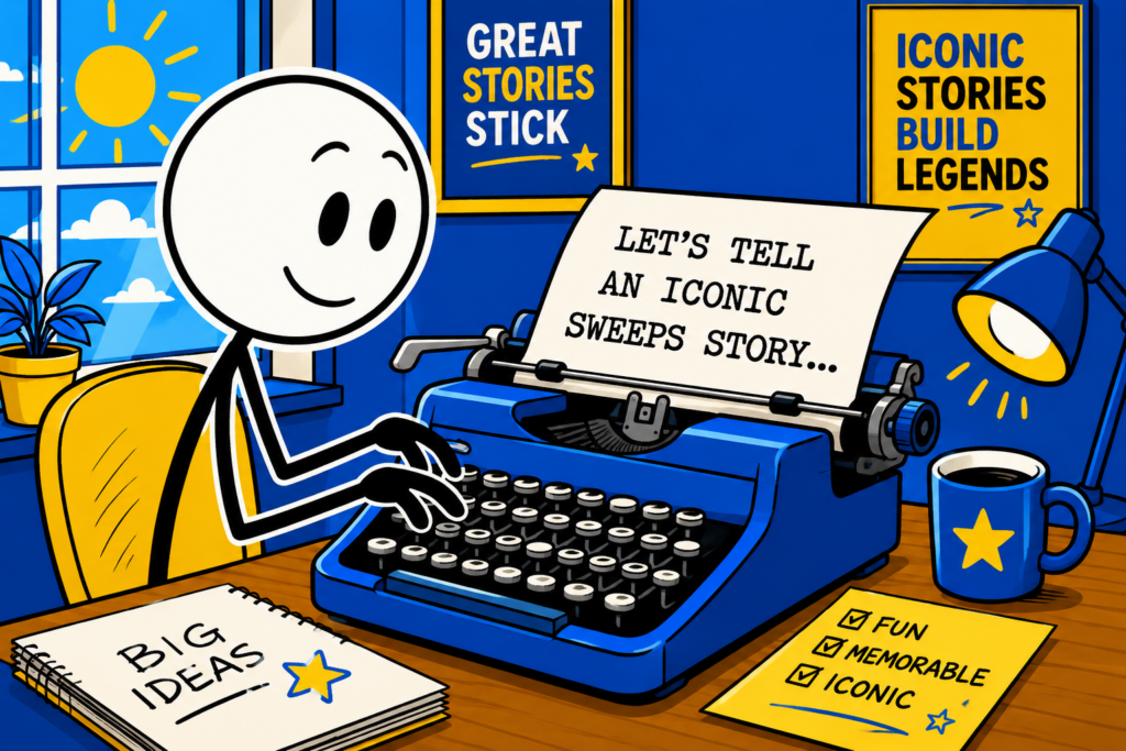 A cartoon representation of a stick figure sitting and typing on a typewriter and you can see the first words typed are LET'S TELL AN ICONIC SWEEPS STORY... using a vibrant blue, yellow, and white color scheme