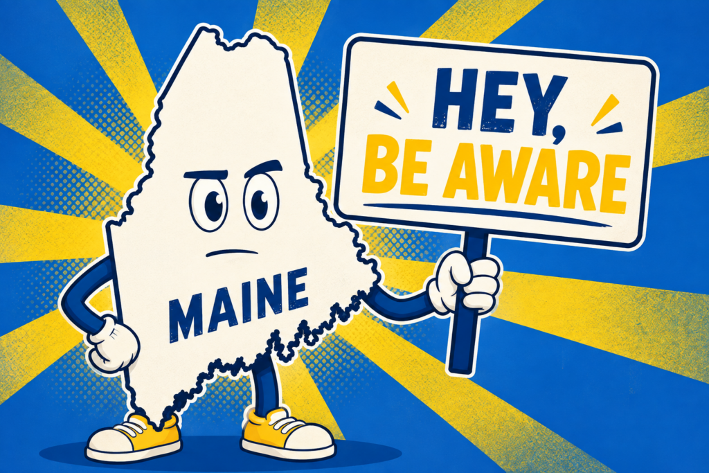 A cartoon representation of personified outline of Maine holding up a sign that says HEY, BE AWARE using a vibrant yellow, blue, and white color scheme.