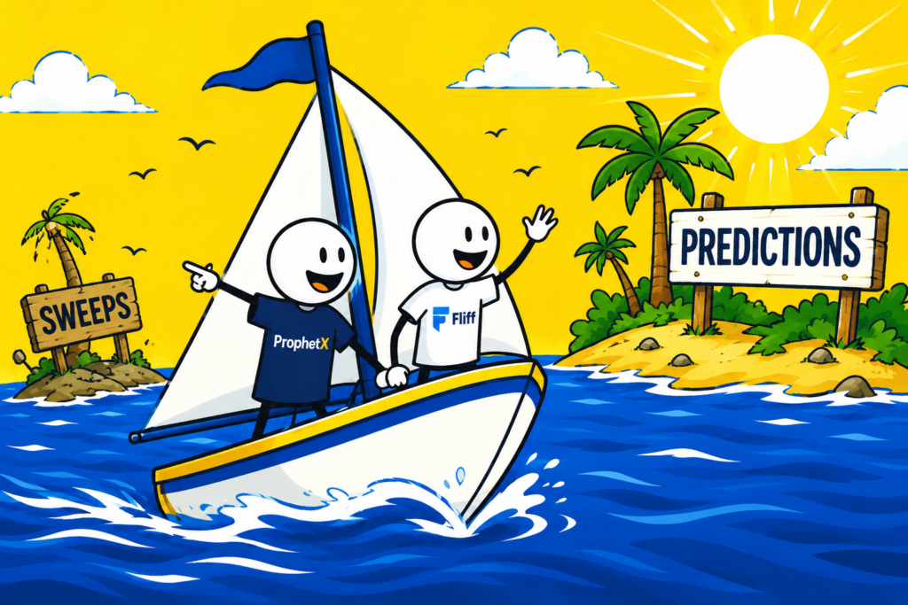 A cartoon representation of stick figures wearing a ProphetX and a Fliff shirt sailing away from one island with SWEEPS written on it toward a different island with PREDICTIONS written on it using a vibrant yellow, blue, and white color scheme