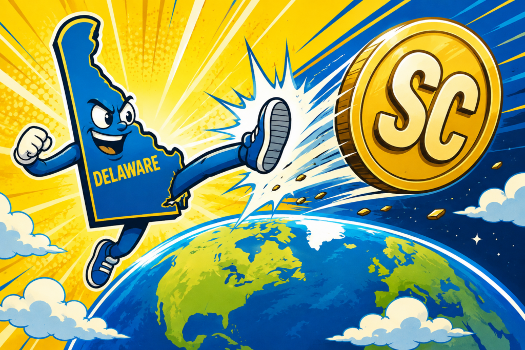 A cartoon representation of a personified outline of Delaware drop-kicking a giant coin that says SC on it off the globe using a vibrant yellow, blue, and white color scheme