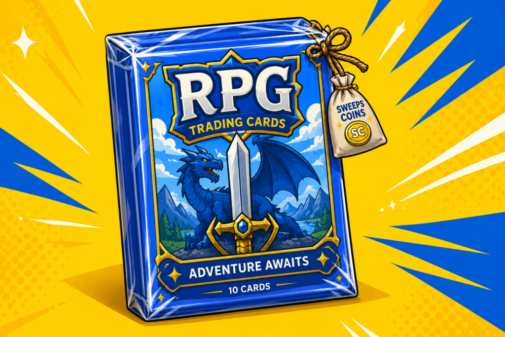 A cartoon representation of a physical wrapped deck of RPG trading cards with a little bag of Sweeps Coins tied to its upper right corner using a vibrant yellow, blue, and white color scheme