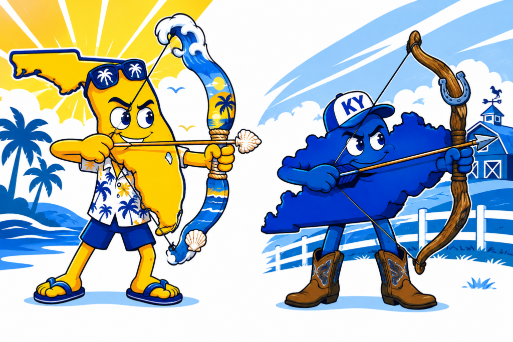 A cartoon representation of a personified outline of Florida and a personified outline of Kentucky each about to fire off an arrow from their bows (not at each other) — which look drastically different — using a vibrant yellow, blue, and white color scheme